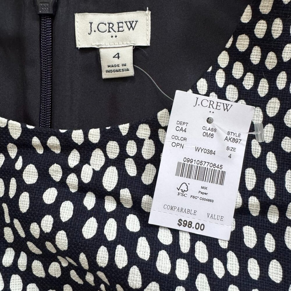 J. Crew Black and White Polka Dot Basketweave Cotton Sheath Dress NWT - Size 4 - Picture 2 of 10